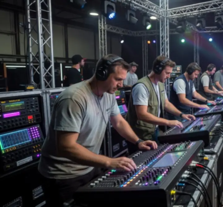 Backstage fotó világításon, hangon és vizuálon dolgozó technikai csapattal