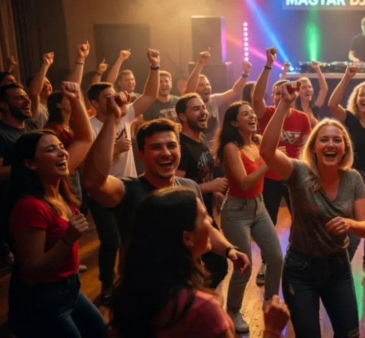 Táncoló, felszabadult közönség DJ-est alatt