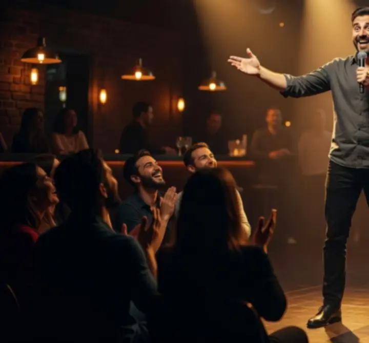 Stand-up humorista reflektorfényben, nevető közönséggel a Stand Up Night Club estjén.