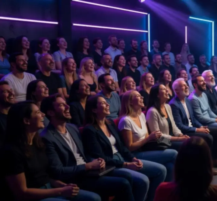 Zsúfolásig telt comedy klub, nevető közönséggel és színpadfénnyel.