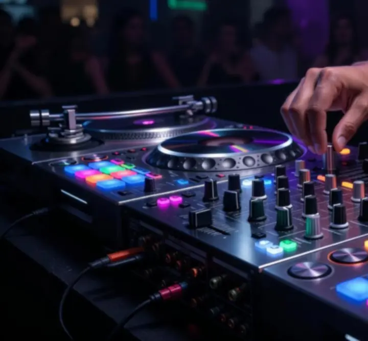 DJ keverőpult és professzionális felszerelés közelről