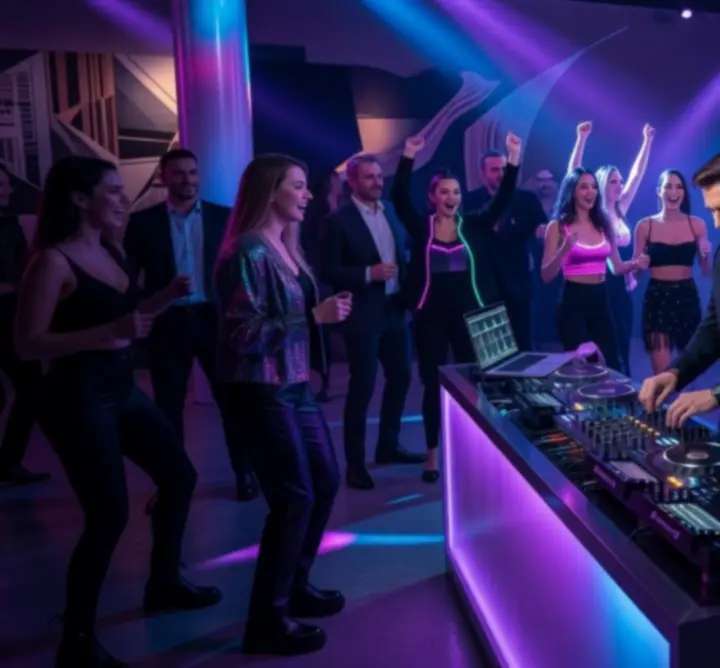 Modern klubhelyszín DJ-pulttal és táncoló közönséggel