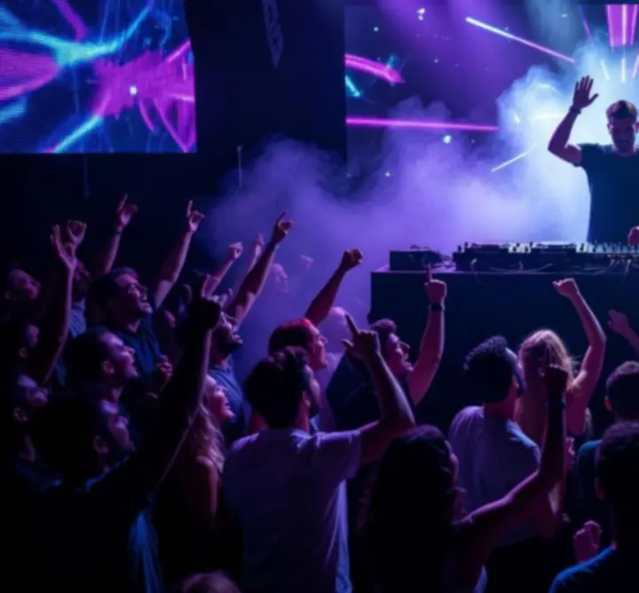 Energikus DJ a színpadon lüktető klubfényekkel