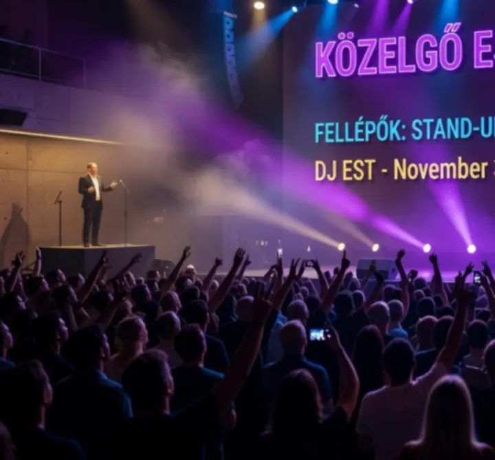 Cinematikus színpadkép fényekkel és közönséggel egy budapesti éjszakai klubban.