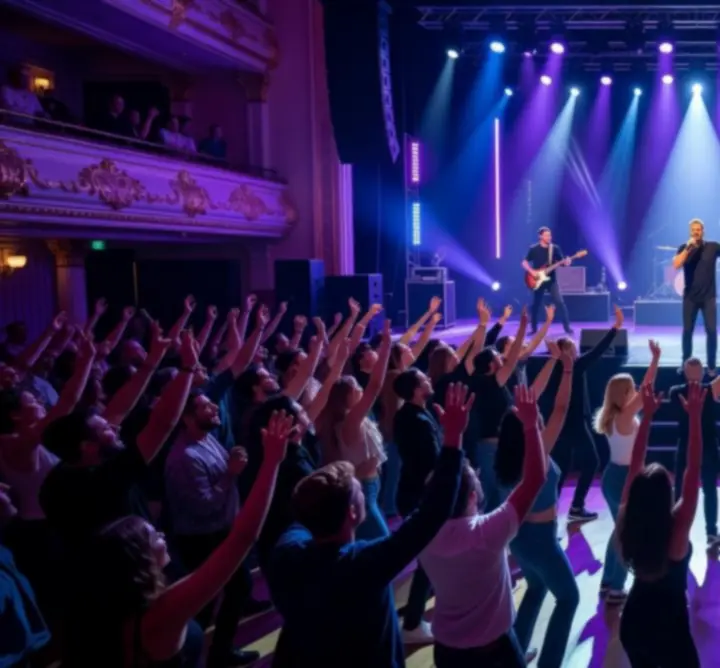 Látványos élő koncert színpad fényeffektekkel és tömeggel