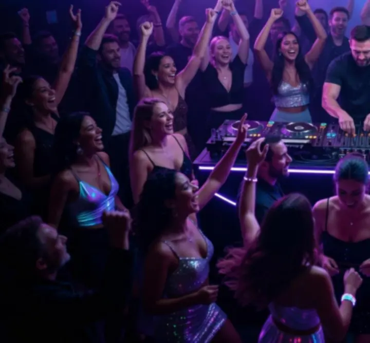 Neon fényekkel megvilágított DJ pult és táncoló tömeg egy klubban