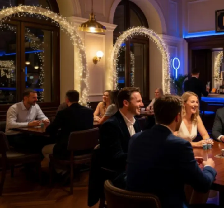 Társasági pókerasztal, beszélgető vendégek és hangulatos fények egy klub lounge terében.