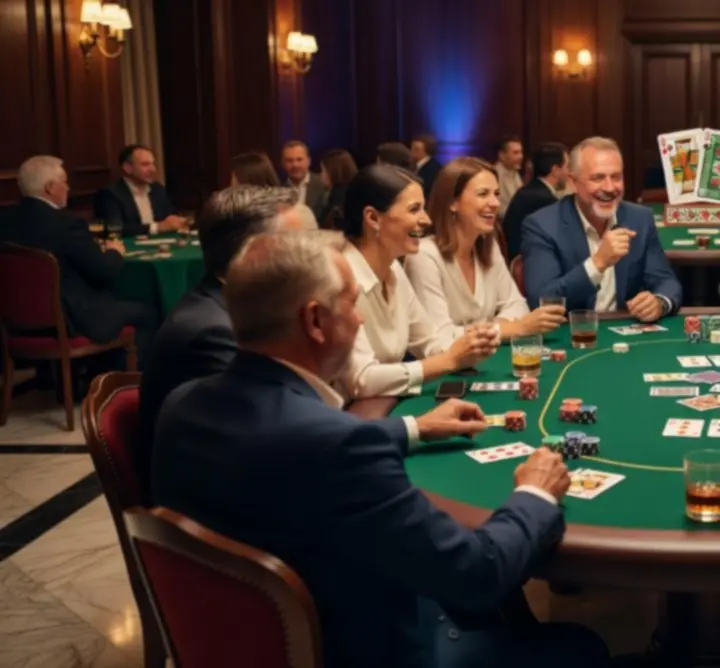 Elegáns asztalnál beszélgető vendégek társasági póker esten.