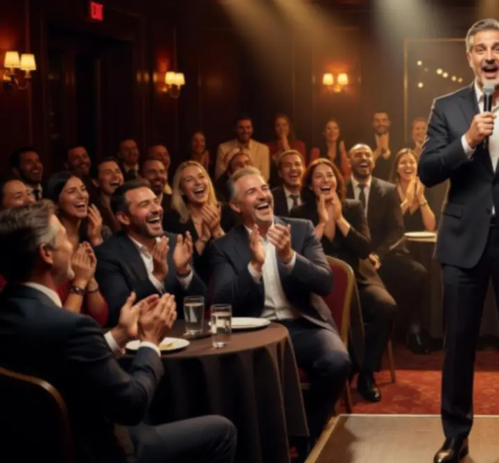Nevető közönség egy stand-up comedy esten, reflektorral megvilágított humorista előtt.
