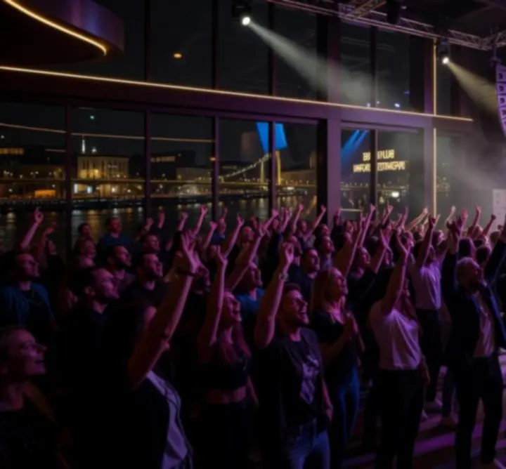 Cinematikus koncertterem fényárban, közönséggel